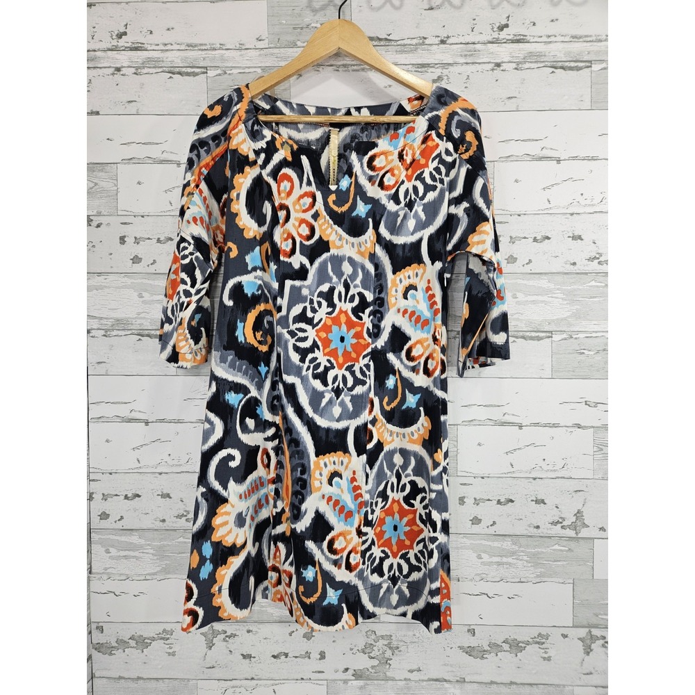 Lacio Frank Women Navy Orange‎ Ikat Paisley Medallion Tunic Dress S USA